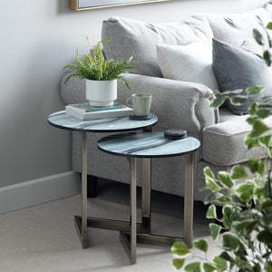 Crestview Collection Contemporary Nesting Accent Tables Set - Modern Round Design With Polished Nickel Base & Unique Aesthetic Green Metal Cvfzr6199