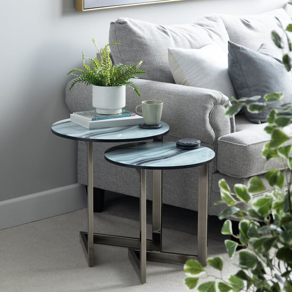 Crestview Collection Contemporary Nesting Accent Tables Set - Modern Round Design With Polished Nickel Base & Unique Aesthetic Green Metal Cvfzr6199