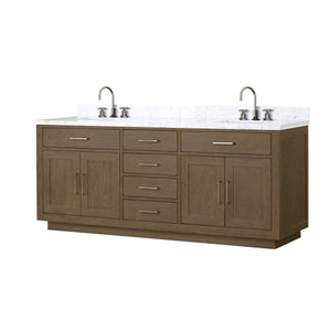 English Elm Grey Oak Double Bath Vanity With Carrara Marble Top, Chrome Faucet Set & Soft-Close Drawers B2731P257825