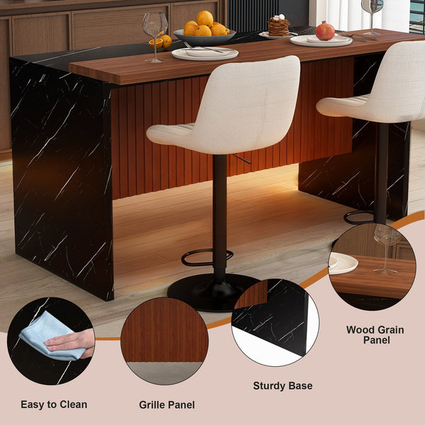 English Elm 63" Modern Kitchen Island Set With 4 Beige Bar Stools - Elegant Black Marble, Led Light & Grille Design W2699S00075