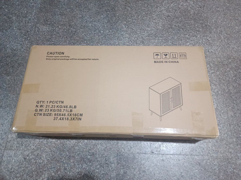 English Elm Sideboard Walnut Farmhouse Buffet with Louvered Doors, Adjustable Shelves, Anti-Tip, Multi-Use Storage W1706P254656