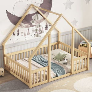 English Elm Full House-Shaped Floor Bed with Fence and Guardrails, Pine Wood Play Loft for Imaginative Kids Retreat Natural W504P143295