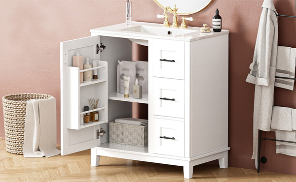 English Elm 30-inch Modern Bathroom Vanity with Ceramic Basin, Rubberwood Frame, Soft-Close Drawers & Organized Storage White N729P290689K
