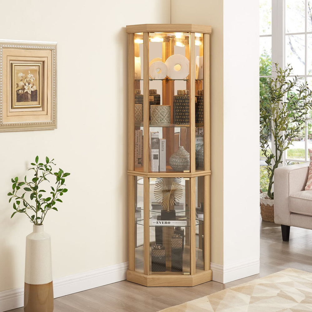 English Elm Lighted Corner Curio Cabinet - Stylish Display Case With Built-In Lighting For Antiques & Wine Storage W1758P294616
