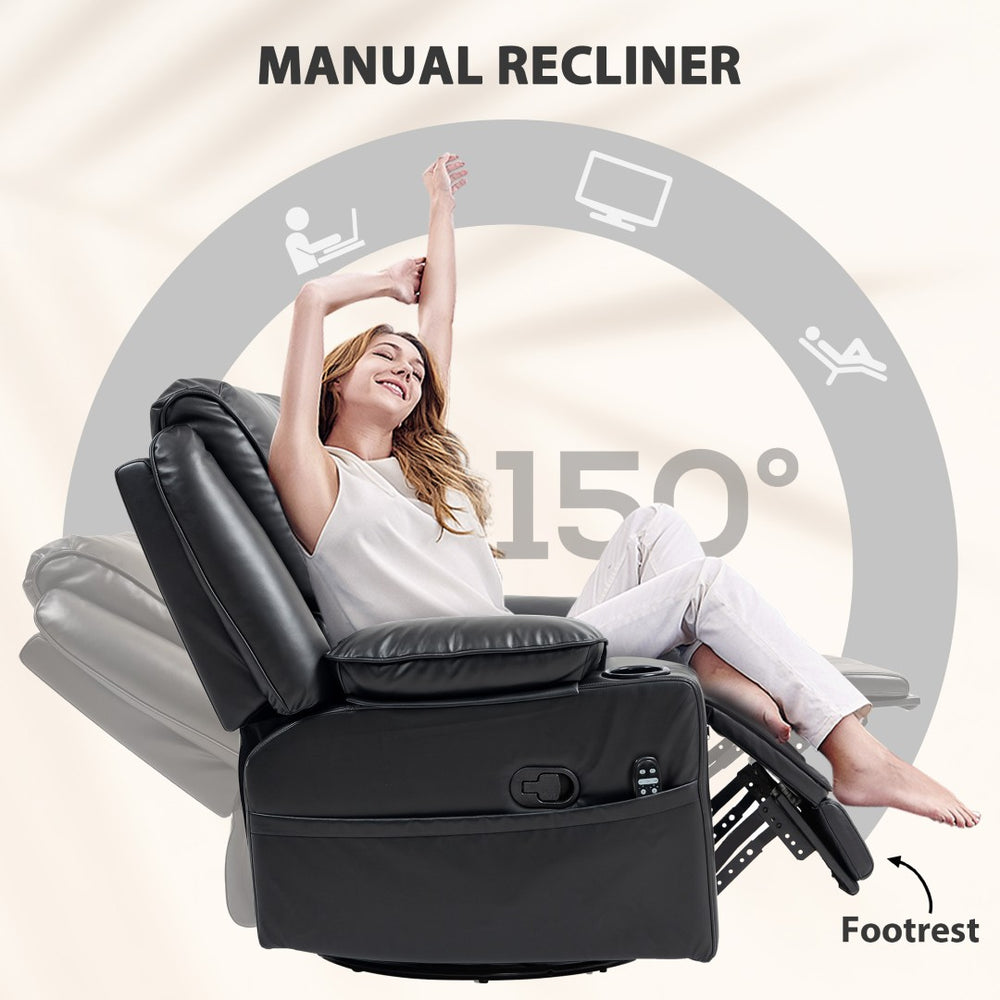 English Elm Massage Recliner Swivel Rocker with Heat Lumbar Support Pu Leather Oversized Lounge T3971P405836