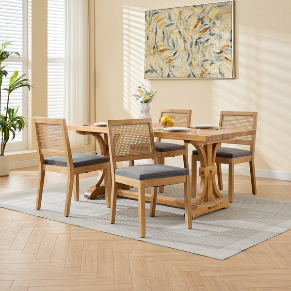 English Elm Farmhouse Rattan Dining Chairs Set of 2 — Mid-Century Cane Back, Solid Wood Frame, Linen Upholstery, Supportive Comfort Gray W1143P332690