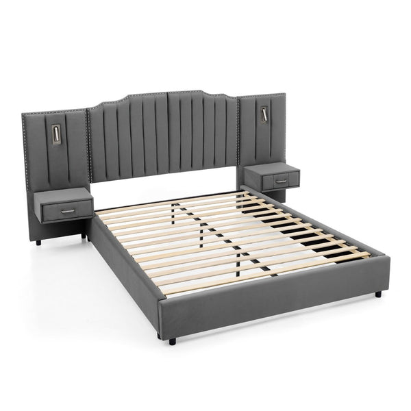 English Elm Queen Velvet Platform Bed with Tufted Headboard Integrated Nightstands and Striped Design Gray W487S00443