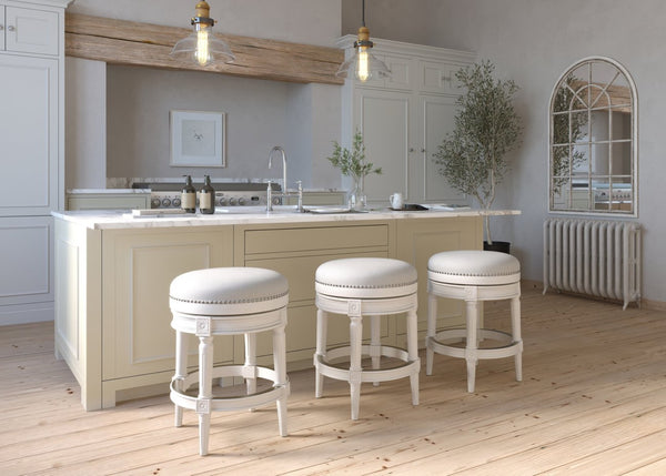 English Elm 26in. Faux Leather Swivel Barstool Nailhead Trim Carved Wood Counter Height Kitchen White B2751P436438