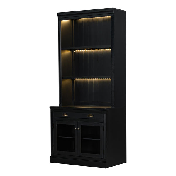 English Elm 83.4"Tall Modern Bookshelf With Led Lighting, Glass Doors & Drawer For Stylish Storage And Display N751S280595B