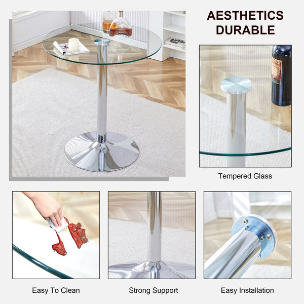 English Elm A glass tabletop 35" Round Dining Table with Electroplated Silver Legs, Minimalist Chic for 4-6 Guests W1151P155921