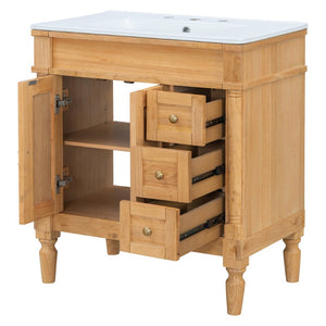 English Elm 30-inch Freestanding Bathroom Vanity Solid Wood Base Ceramic Sink Gold Hardware N729P299368N