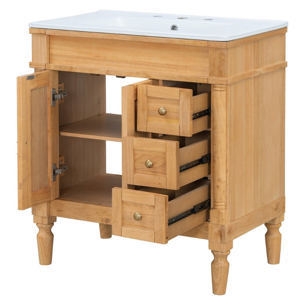English Elm 30-inch Freestanding Bathroom Vanity Solid Wood Base Ceramic Sink Gold Hardware N729P299368N