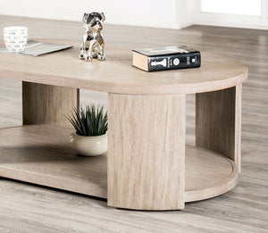 English Elm Modern Oval Coffee Table with Oak Finish, Lower Open Shelf & Optional Casters — 50"W x 28"D x 18"H, Sleek Storage Centerpiece B2741P360628