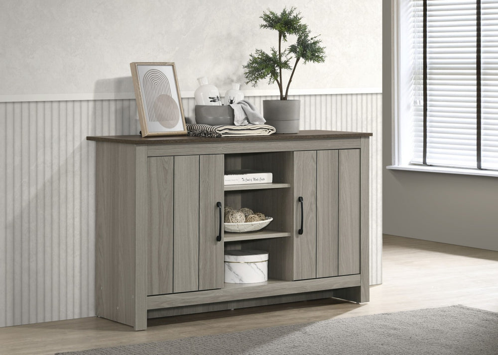 English Elm Nilda Two-tone Gray Oak Console with Open Shelves and Cabinet Storage for Entryway B2749S00225
