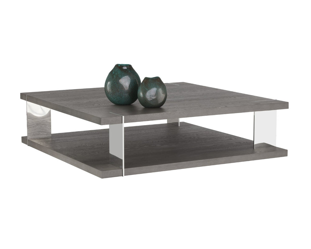 Sunpan DARIA Coffee Table - Modern Smoked Oak & Polished Stainless Steel Centerpiece with Storage Shelf 107804