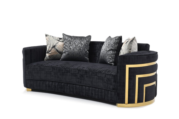 English Elm Soledad Curved Black Upholstered Sofa with Gold Chrome Accents, Deep 23" Seat, 3-Person Comfort B078S00631