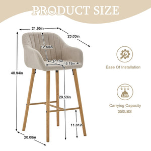 English Elm Modern Linen Upholstered Barstools with Oak Legs Armrests and Footrest for Kitchen Islands Beige W395P396313
