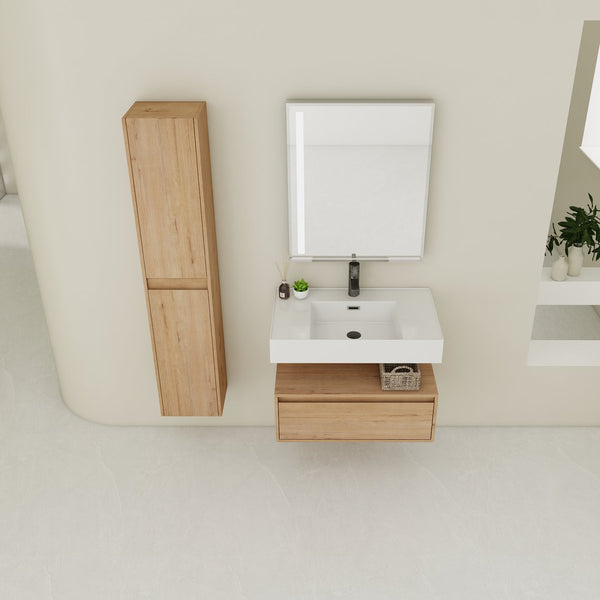 English Elm 30 Inch Wall-Mounted Bathroom Vanity Set With Resin Sink, Soft-Close Drawers & Storage Cabinets W999S00268
