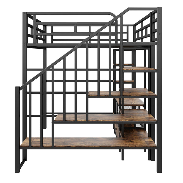 English Elm Full Metal Loft Bed Full Size with Staircase, Built-In Desk & Shelves, Black, Sturdy Space-Saving Setup GX001132AAB