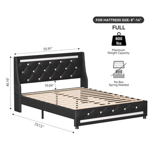 English Elm Full Bed Frame with Headboard and RGB LED Lighting, Built-In Charging Station, Silent Slats Support Black T3825P387373