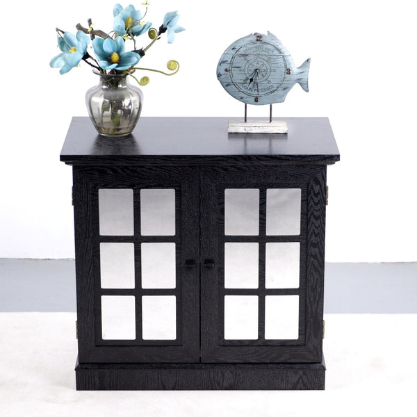 English Elm Storage Sideboard with Mirrored Acrylic Doors and Wood Grain Mdf Finish for Compact Rooms Black W2899P372748
