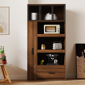 English Elm 70.87" Tall Kitchen Pantry Cabinet - Stylish Multi-Functional Food Hutch With Pull-Out Storage & Drawer W331S00198