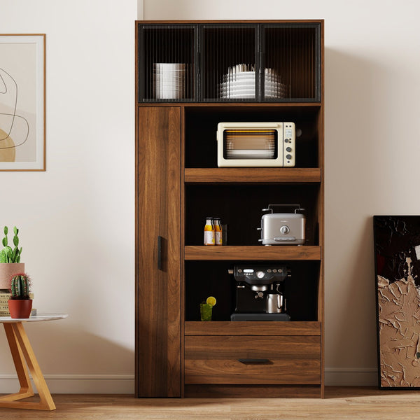 English Elm 70.87" Tall Kitchen Pantry Cabinet - Stylish Multi-Functional Food Hutch With Pull-Out Storage & Drawer W331S00198