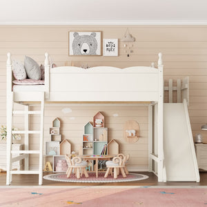 English Elm Queen Solid Pine Loft Bed with Wardrobe Shelves Detachable Slide and Dual Sleeping Zones Beige W5305S00028