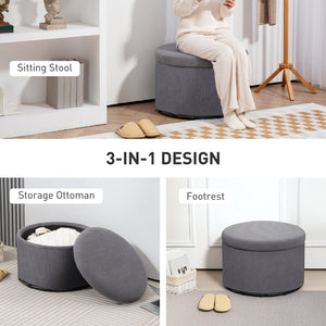 English Elm Upholstered Corduroy Round Storage Ottoman with Lid for Living Room or Bedroom T3971P430899