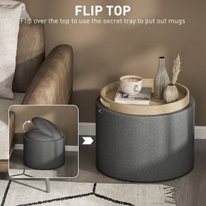 English Elm Linen Upholstered Round Ottoman with Flip Top Tray and Hidden Interior Storage T3971P406028