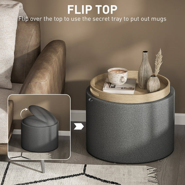 English Elm Linen Upholstered Round Ottoman with Flip Top Tray and Hidden Interior Storage T3971P406028