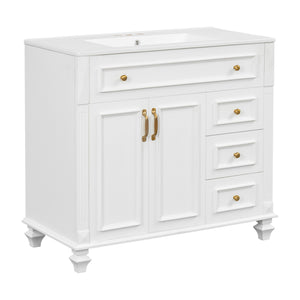 English Elm 36" Modern Bathroom Vanity with Ceramic Sink, Gold Handles, Flip-Out Drawer & Soft-Close Doors White N725P283623K