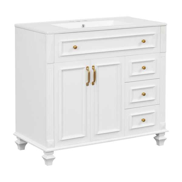 English Elm 36" Modern Bathroom Vanity with Ceramic Sink, Gold Handles, Flip-Out Drawer & Soft-Close Doors White N725P283623K