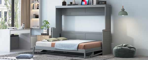 English Elm Full Size Murphy Bed With Hydraulic Lift & Integrated Desk For Space-Saving, Gray Pinewood Design N820S00032E