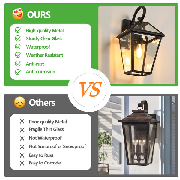 English Elm 10" Vintage Outdoor Wall Lanterns Set of 2, Black Weatherproof Sconces with Clear Glass, Rustic Porch Lighting Elegance W1340P239406
