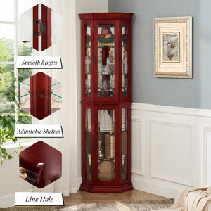 English Elm Corner Curio Cabinet Lighted Glass Shelves Mirrored Backing Living Room Display W2275P177189