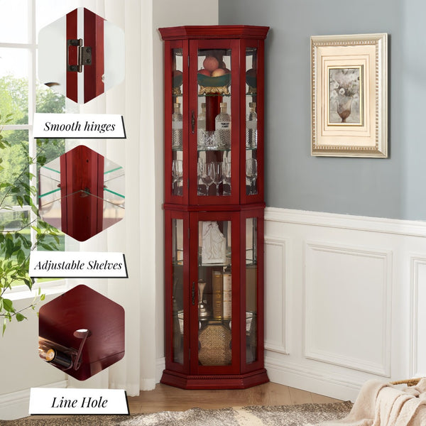 English Elm Corner Curio Cabinet Lighted Glass Shelves Mirrored Backing Living Room Display W2275P177189