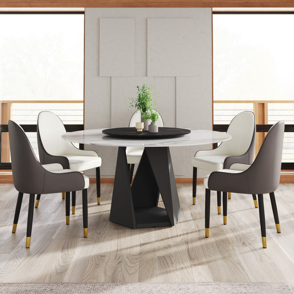 English Elm 59.05" Round Marble Dining Table With Iron Base, 6-8 Person Capacity, Stylish Lazy Susan Turntable W1535S00403