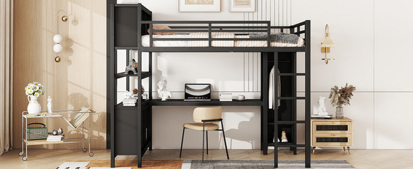 English Elm Metal Loft Bed With Integrated Desk, Wardrobe & Storage Cubes - Space-Saving Solution For All Ages W1580S00068