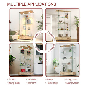 English Elm Modern Glass Display Cabinet With Led Lighting, 2 Drawers & 4 Shelves For Stylish Storage Solutions W241S00060