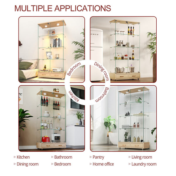 English Elm Modern Glass Display Cabinet With Led Lighting, 2 Drawers & 4 Shelves For Stylish Storage Solutions W241S00060