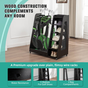 English Elm Golf Bag Storage Rack Wooden 2 Bag Organizer with Shoe Shelf for Garage Basement Black W1422P296350