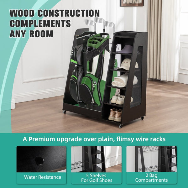 English Elm Golf Bag Storage Rack Wooden 2 Bag Organizer with Shoe Shelf for Garage Basement Black W1422P296350