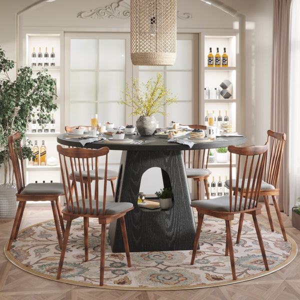 English Elm Round Farmhouse Dining Table 47 Inch Wooden Top with Lower Storage Shelf Seats Six Black W757P367147
