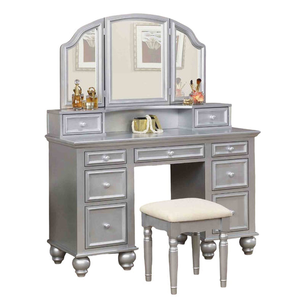 English Elm Transitional Glam Mirrored Vanity with Padded Stool, Spacious Drawers, Central Mirror for Prep and Storage Silver 51 L x 21 W x 30 H B2741P400804