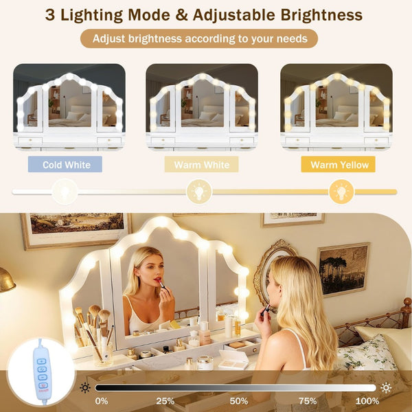 English Elm 44.37 Inch Hollywood Led Vanity Desk Tri-fold Mirror Bamboo Drawers Bedroom White N704P342558K
