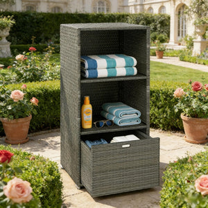 English Elm Outdoor Wicker Towel Rack Two Shelf Pe Rattan Poolside Storage for Patio or Bath Dark Gray T3971P486652