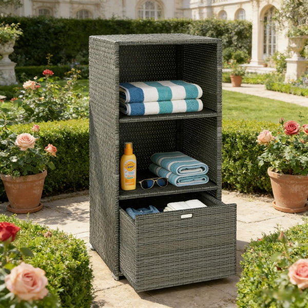 English Elm Outdoor Wicker Towel Rack Two Shelf Pe Rattan Poolside Storage for Patio or Bath Dark Gray T3971P486652