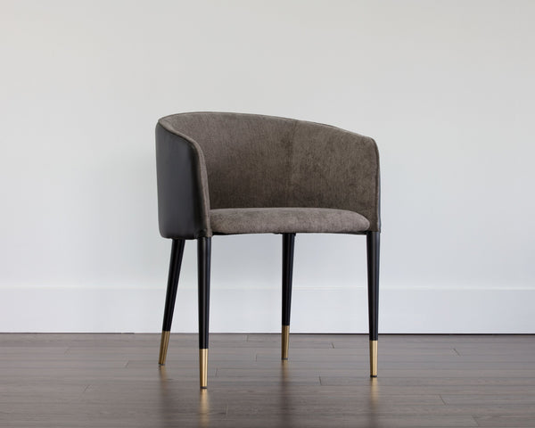 Sunpan Asher Dining Armchair - Modern Barrel Back Design with Black Steel Legs and Elegant Gold Foot Caps Sparrow Grey / Napa Black