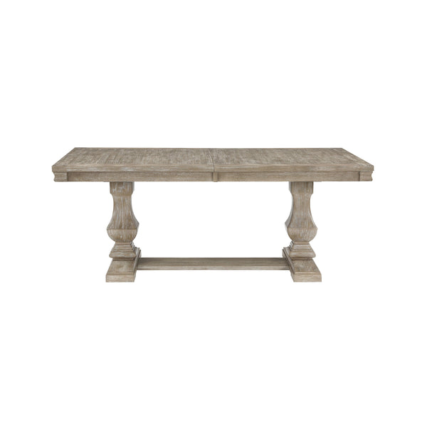 English Elm Traditional Southlake Dining Table with 18" Extension Leaf, Brownish-Gray Wire-Brushed Oak Veneer, Double Pedestal Base B011S01478